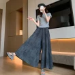 【D.studio】韓版冰絲渲染直筒高腰顯瘦垂感寬褲(褲子 長褲 休閒褲 女裝 高腰褲 拖地褲 直筒褲 黑褲 P391)