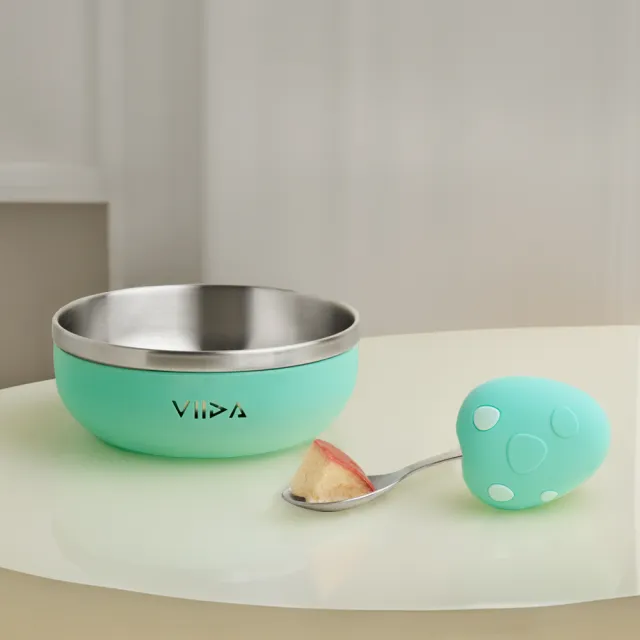 【VIIDA】Souffle 抗菌不鏽鋼學習湯匙和餐碗和矽膠吸盤(兒童餐具/99%抗菌/不鏽鋼餐碗/學習餐具)