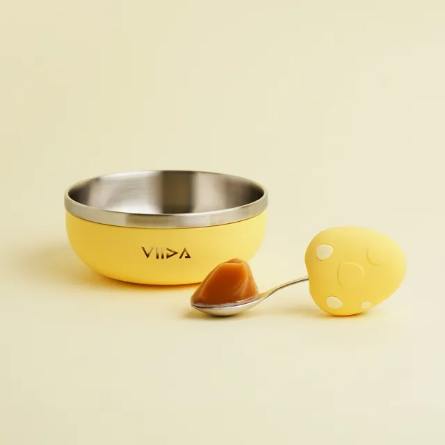 【VIIDA】Souffle 抗菌不鏽鋼學習湯匙和餐碗和矽膠吸盤(兒童餐具/99%抗菌/不鏽鋼餐碗/學習餐具)