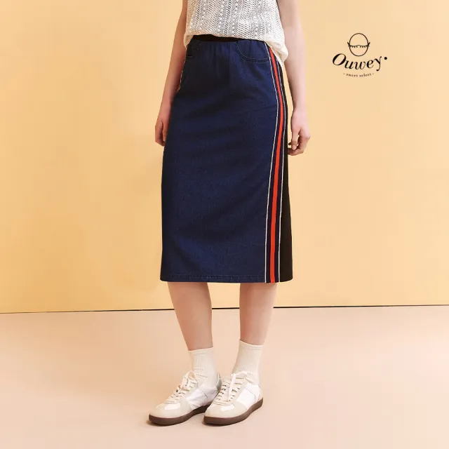 【OUWEY 歐薇】異材質拼接牛仔中長窄裙(藍；S-XL；3252168220)