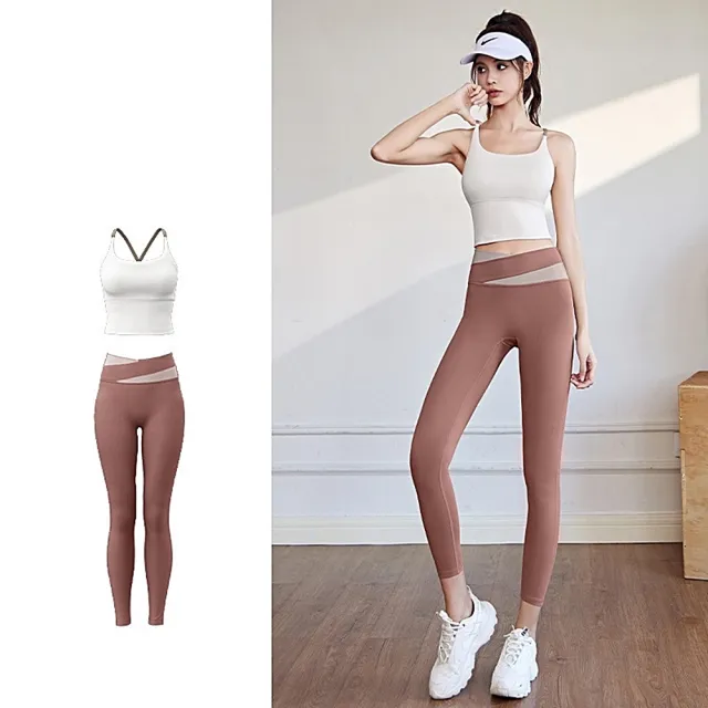 【米蘭精品】現貨+預購  瑜珈服套裝無袖運動服運動上衣瑜伽褲運動內衣(輕盈拼色高腰長褲女休閒服4色74ek2)