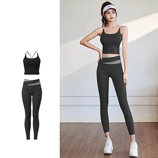 【米蘭精品】現貨+預購  瑜珈服套裝無袖運動服運動上衣瑜伽褲運動內衣(輕盈拼色高腰長褲女休閒服4色74ek2)