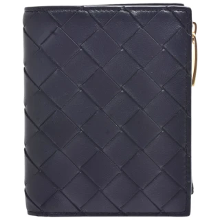 【BOTTEGA VENETA 寶緹嘉】經典編織小牛皮暗釦直立式中夾(6卡-深藍色742330-VCPP-38425)