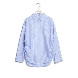 【SOMETHING】女裝 側邊綁帶寬鬆條紋長袖襯衫(水藍色)