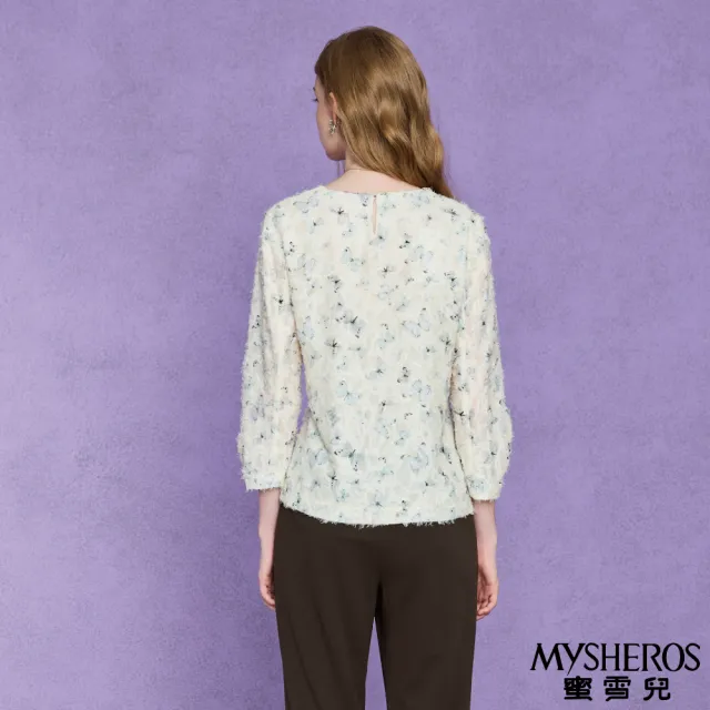 【MYSHEROS 蜜雪兒】雪紡上衣 流蘇點綴 V領蝴蝶緹花(米)