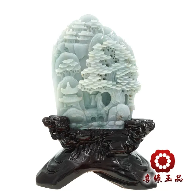 【喜緣玉品】山水 天然翡翠A貨 綠映 青松入景 有靠山 風水擺設 擺件-僅此一品(開運風水)(直)