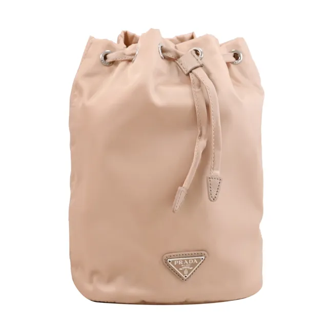 【PRADA 普拉達】經典三角LOGO尼龍束口小水桶包/萬用包(裸膚色)