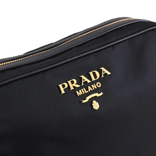 【PRADA 普拉達】經典浮雕LOGO尼龍帆布皮飾邊方包斜背包(黑)