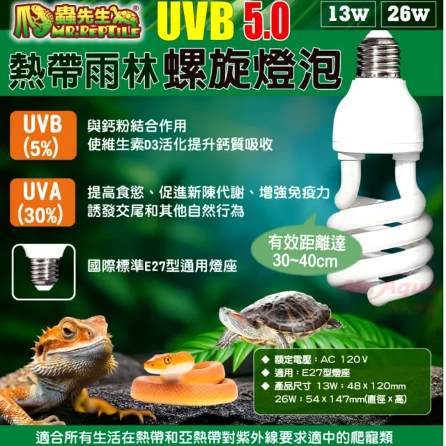 【爬蟲先生】26W熱帶雨林型5.0紫外線螺旋燈泡UVA+UVB省電燈泡/加溫燈泡/晒背燈(適用陸龜.爬蟲類B5026)