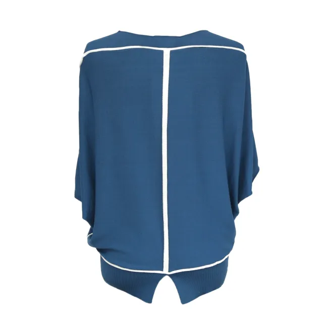 【ICHE 衣哲】Cop.Copine 法國原裝進口撞色彈性羅紋針織造型上衣-藍