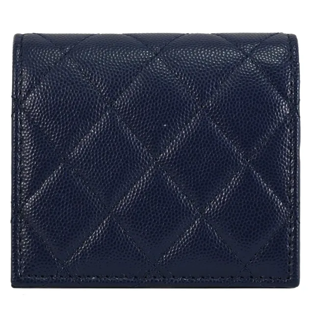 【CHANEL 香奈兒】經典雙C LOGO格紋小牛皮內襯印花扣式零錢短夾(深藍)