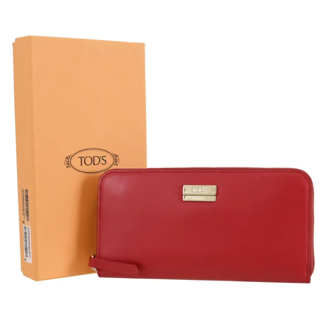 【TOD’S】TODS 簡約LOGO滑面小牛皮拉鍊發財零錢長夾(亮紅)