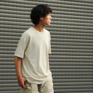 【plain-me】獨家價★男女款 寬版刺繡水洗短TEE PLN0033-241(短T 寬鬆 素T 素面 杏灰 休閒上衣)