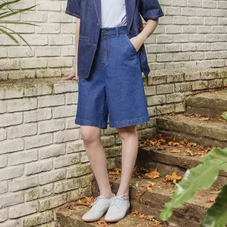 【SOMETHING】女裝 斜口袋基本寬版五分褲(酵洗藍)