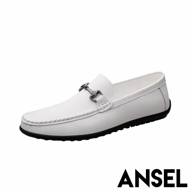 【ANSEL】真皮樂福鞋 平底樂福鞋/真皮時尚金屬馬銜釦飾平底休閒樂福鞋 駕車鞋-男鞋(白)（其他規格）