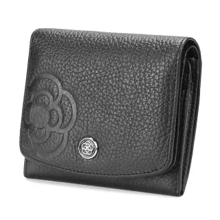 【CLATHAS】山茶花壓印荔枝紋軟皮多卡格零錢袋短夾(黑色)