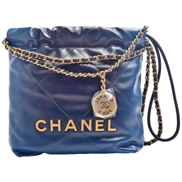 【CHANEL 香奈兒】經典22系列仿舊LOGO菱格紋亮面小牛皮手提/斜背包(迷你-藍黑漸層色)『entrupy安心購』