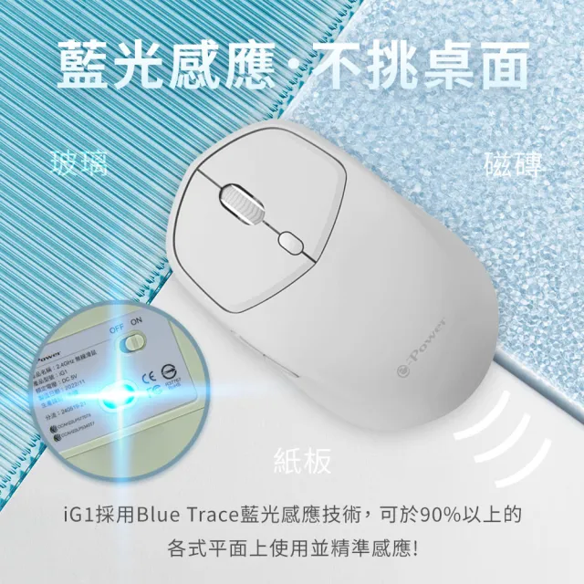 【e-Power】iG1 6D無線靜音商務滑鼠 淺霜灰/海沫藍/莫蘭迪綠(6D按鍵 無線滑鼠)