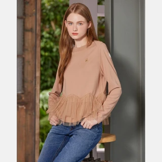 【IENA】下擺雙層網紗抽皺上衣(#5251003 長袖上衣、圓領上衣 綠色/卡色)