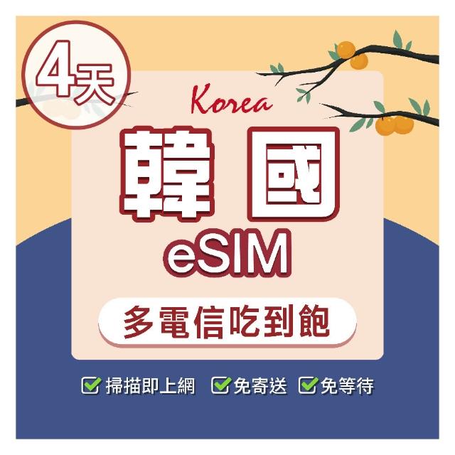 【環亞電訊】eSIM韓國多電信4天吃到飽(24H自動發貨免等待免換卡 esim韓國 虛擬卡 韓國上網卡 環亞電訊)