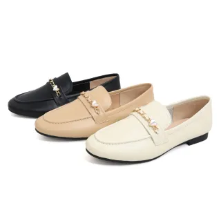 【Robinlo】微甜指標愛心鍊條真皮低跟樂福鞋LEXIE(奶油白/奶茶杏/法式黑)