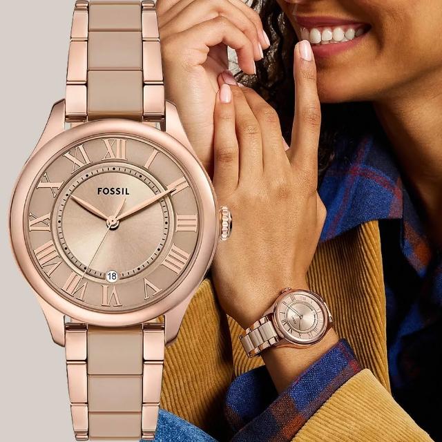 【FOSSIL】Gilmore 大三針日期陶瓷女錶 手錶-奶茶色x玫瑰金/38mm 錶 生日禮 送禮(CE1133)