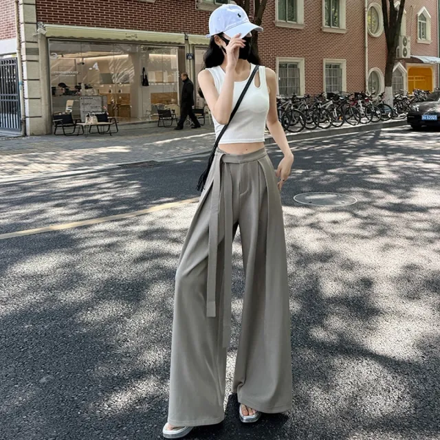【巴黎精品】高腰休閒長褲寬褲直筒褲西裝褲落地褲顯瘦大碼休閒女裝(垂感女褲子3色n1lb62)