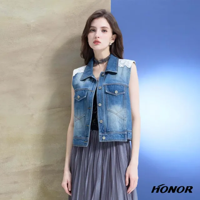 【HONOR 山形屋】出清品 時尚刷色蕾絲拼接翻領牛仔背心-藍(限定出清)