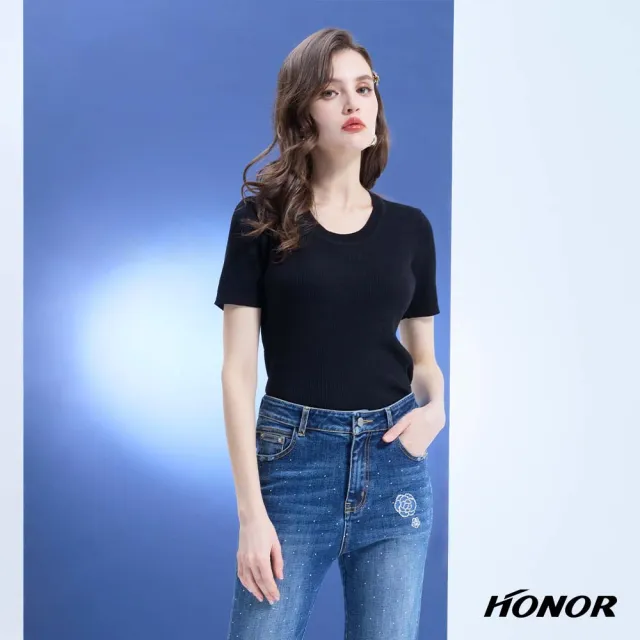 【HONOR 山形屋】出清品 素色大圓領坑條短袖上衣-白/黑/淺紫(限定出清)