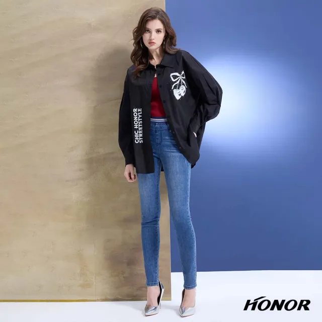 【HONOR 山形屋】出清品 網點蝶結櫻桃印花長版襯衫-黑/紫(限定出清)