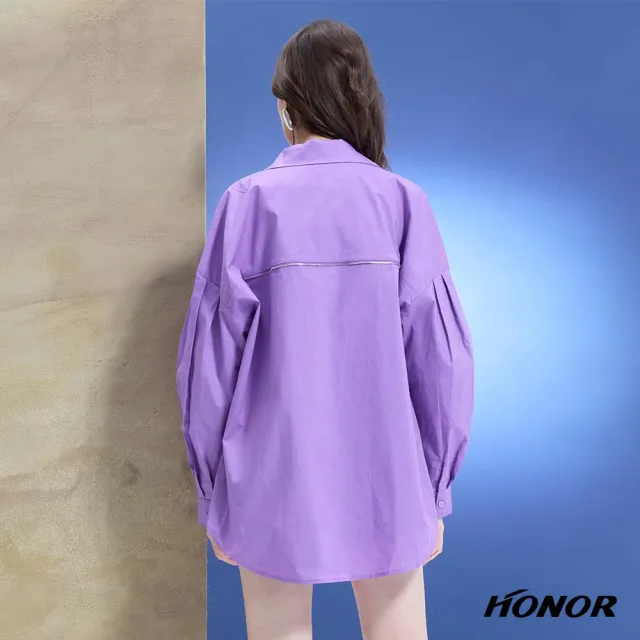 【HONOR 山形屋】出清品 網點蝶結櫻桃印花長版襯衫-黑/紫(限定出清)