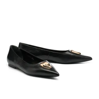 【HELENE_SPARK】自由時尚波紋長圓釦皺油蠟羊皮尖頭平底鞋(黑)