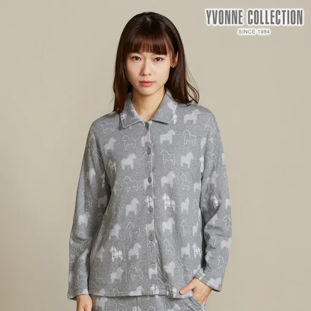 【YVONNE 以旺傢飾】冰島馬提花長袖開襟衫-岩石灰