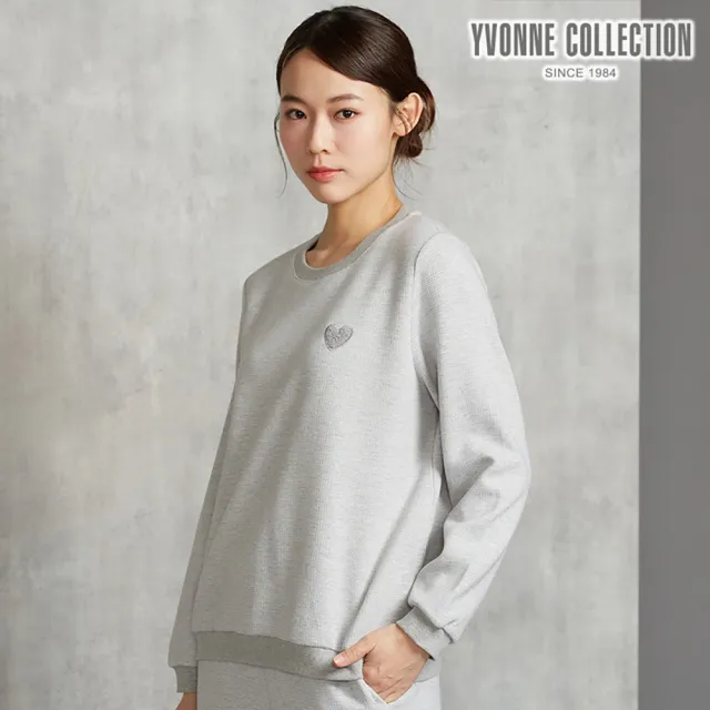 【YVONNE 以旺傢飾】雙色提花心形繡花長袖上衣-寧靜灰