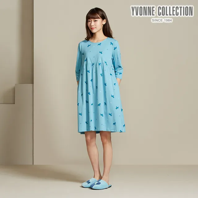 【YVONNE 以旺傢飾】冰島馬印花七分袖洋裝-冰島藍