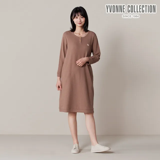 【YVONNE 以旺傢飾】華夫格冰島馬繡花長袖洋裝-可可棕