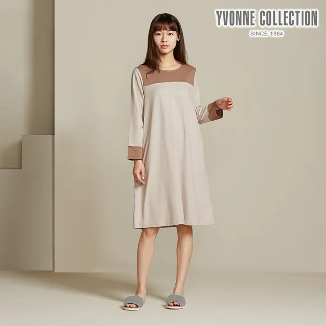 【YVONNE 以旺傢飾】細條紋剪接長袖洋裝-摩卡棕