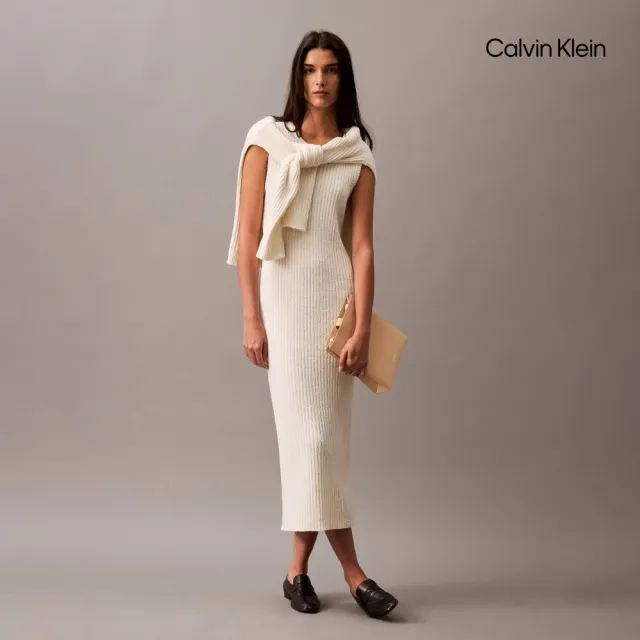 【CALVIN KLEIN】官方旗艦館CK 圓領中長毛衣洋裝_白色
