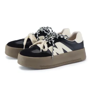 【ORIN】雙帶撞色磨砂真皮綁帶厚底休閒鞋(黑色)