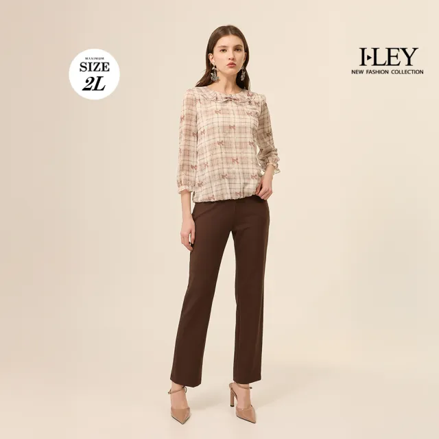 【ILEY 伊蕾】珠花領蝴蝶結格紋雪紡上衣(淺粉；M-2L；1253181105)