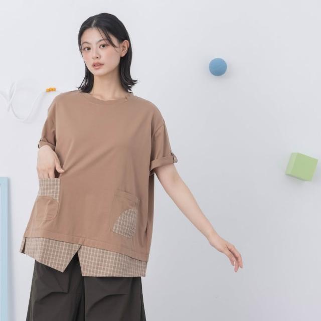 【MOSS CLUB】格紋泡泡布拼接假兩件衣襬短T(藍 咖)