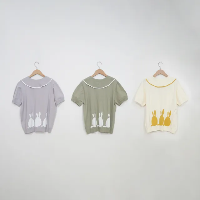 【MOSS CLUB】MOSS兔復古翻領短袖針織上衣(綠 米 紫/魅力商品)