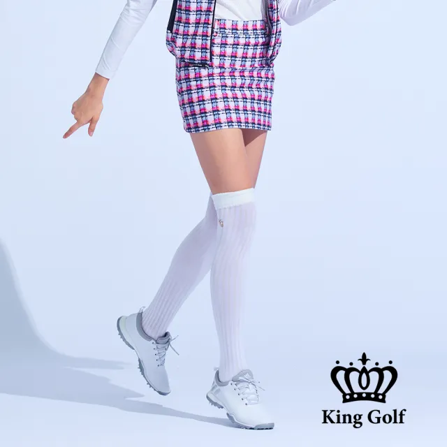 【KING GOLF】速達-網路獨家單特-女款小香風格子粗花毛呢印花高爾夫球運動短裙褲裙(粉色)