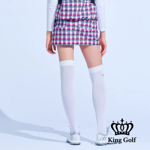 【KING GOLF】速達-網路獨家單特-女款小香風格子粗花毛呢印花高爾夫球運動短裙褲裙(粉色)