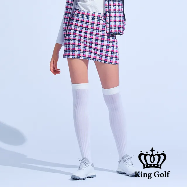 【KING GOLF】速達-網路獨家單特-女款小香風格子粗花毛呢印花高爾夫球運動短裙褲裙(粉色)