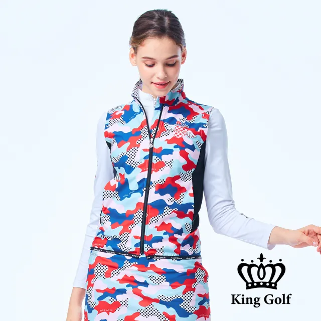 【KING GOLF】速達-網路獨家單特-女款點點迷彩薄款立領拉鍊背心外套(藍色)