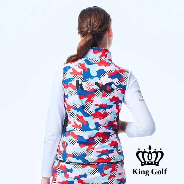 【KING GOLF】速達-網路獨家單特-女款點點迷彩薄款立領拉鍊背心外套(藍色)