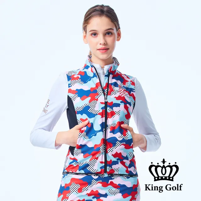 【KING GOLF】速達-網路獨家單特-女款點點迷彩薄款立領拉鍊背心外套(藍色)