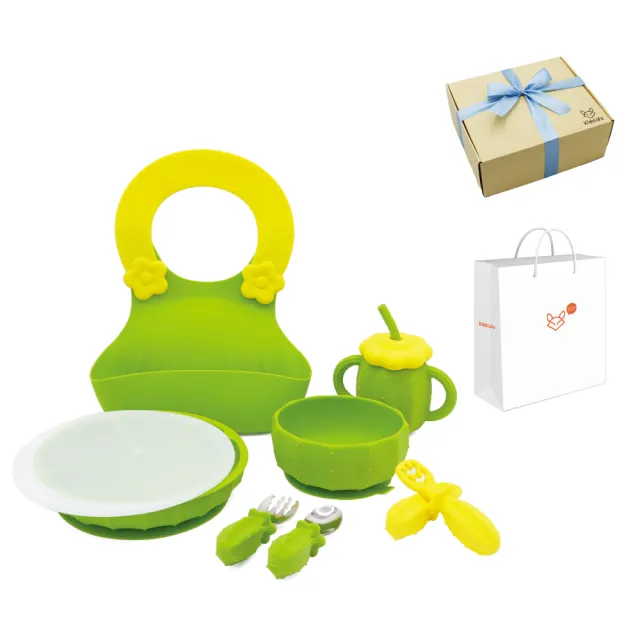 【KidsLife】寶寶餐具彌月禮盒(仙人掌造型)｜寶寶餐具 矽膠餐盤 防翻 自主學習餐具
