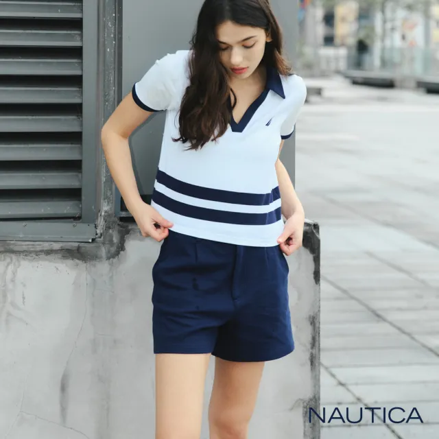 【NAUTICA】官方旗艦 女裝 簡約純棉打褶短褲(藍色)